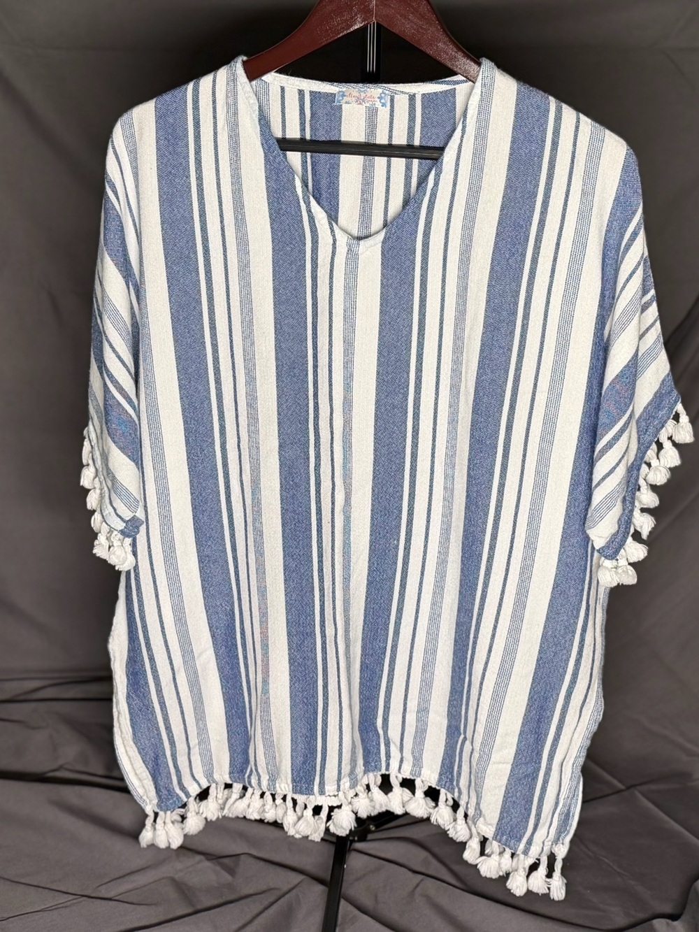 Altar'd State Blue and White Striped V-Neck Tassel Swim Cover Up Size S